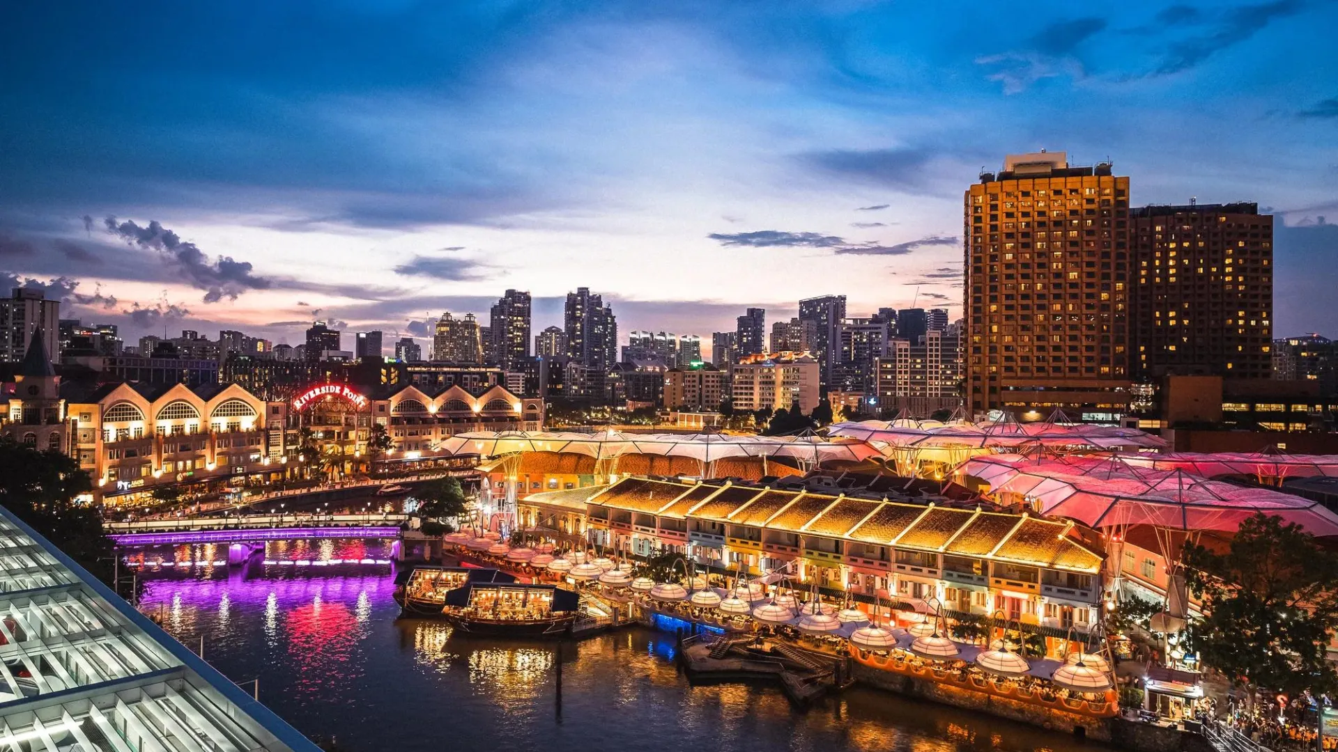 Top view of Clarke Quay, Singapore at night.